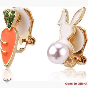 Clip-on Bunny Carrot Earrings, Alloy Imitation Pearl Rhinestone